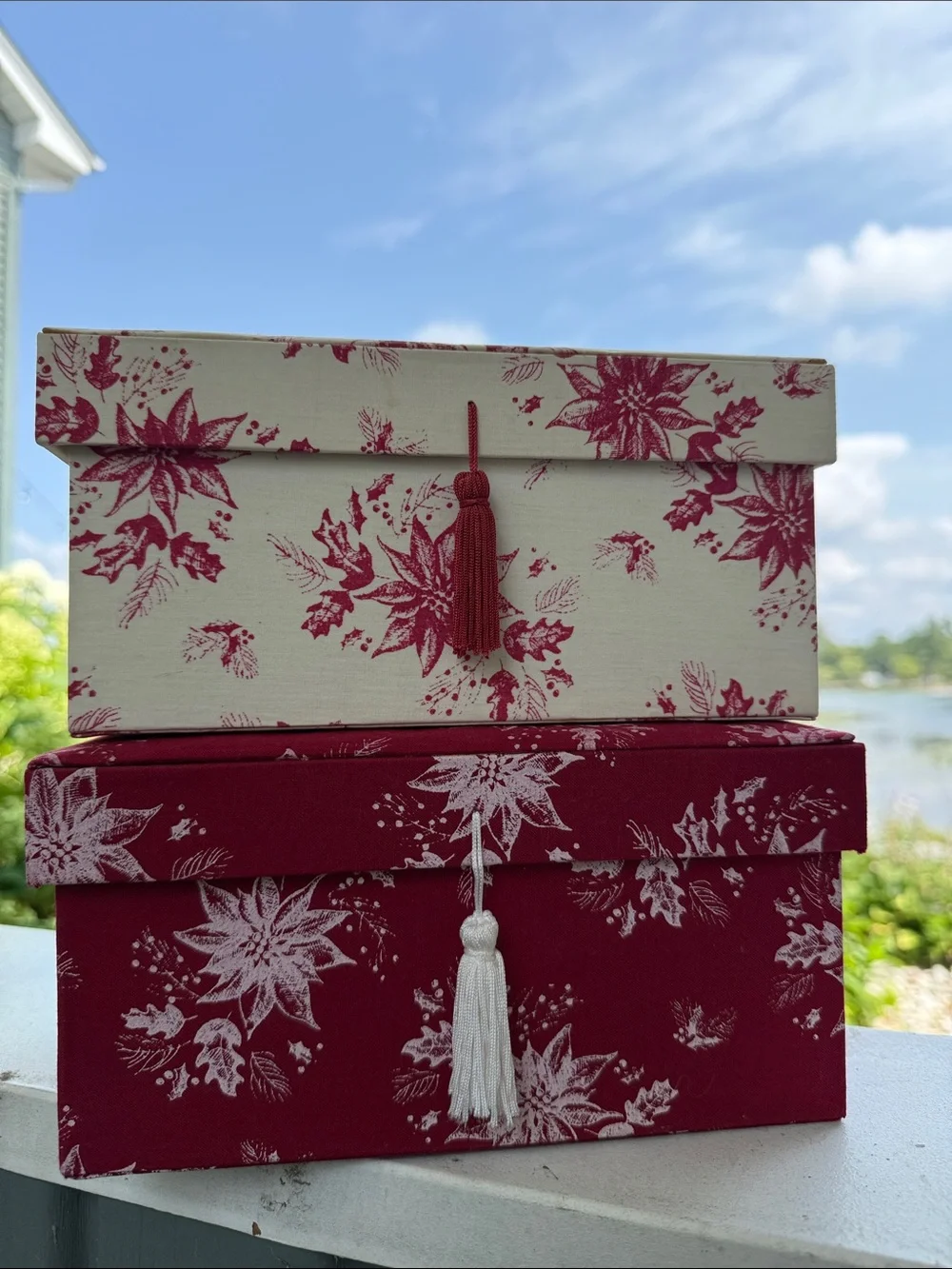 Decorative Fabric Storage Boxes - Red & Cream Floral Set 9X4-1/2 inch with gift